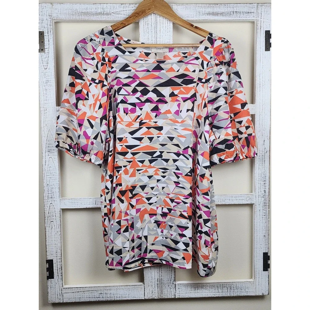 LOFT Geometric Triangle Print Puff Sleeve Blouse Orange Pink Black Large